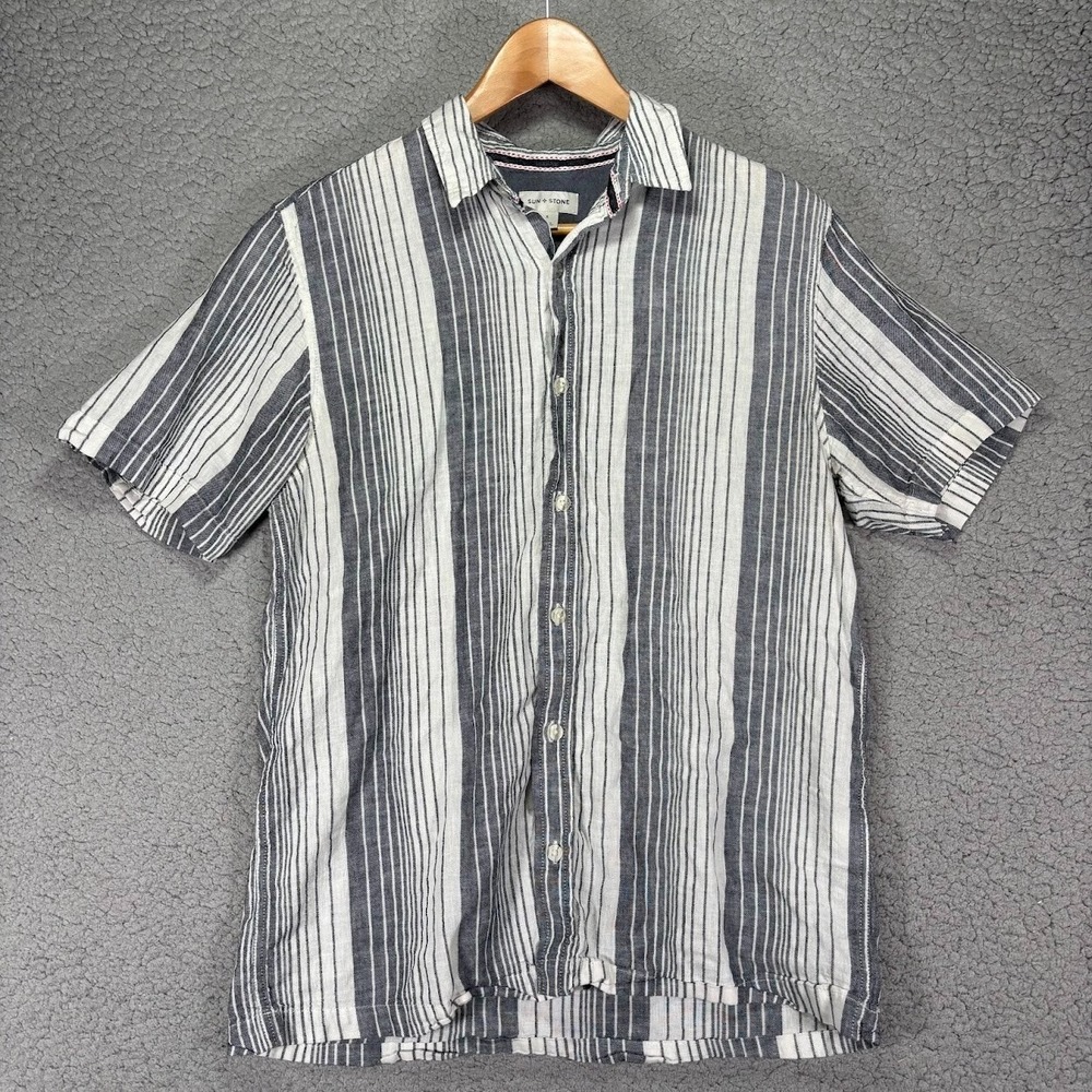 Sun + Stone Linen Blend Shirt Mens S Button Up Casual Striped White Gray Beach